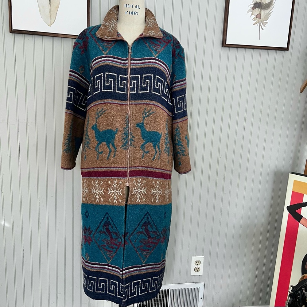 Krista Koeppe, Vintage Southwestern Wool Knit Multi Print Multi Color Long Coat